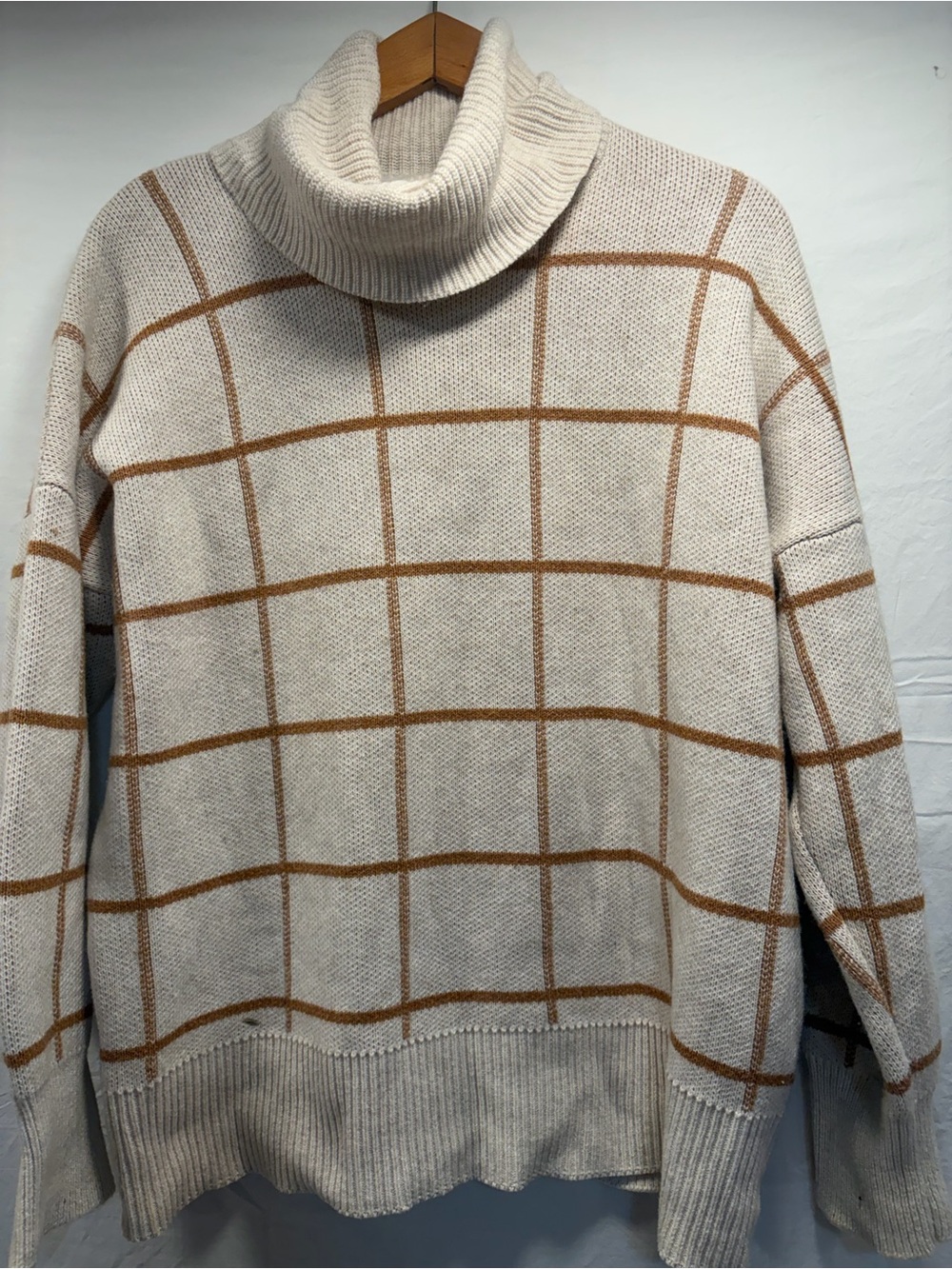 Madewell Cream and Camel Windowpane Turtleneck Sweater